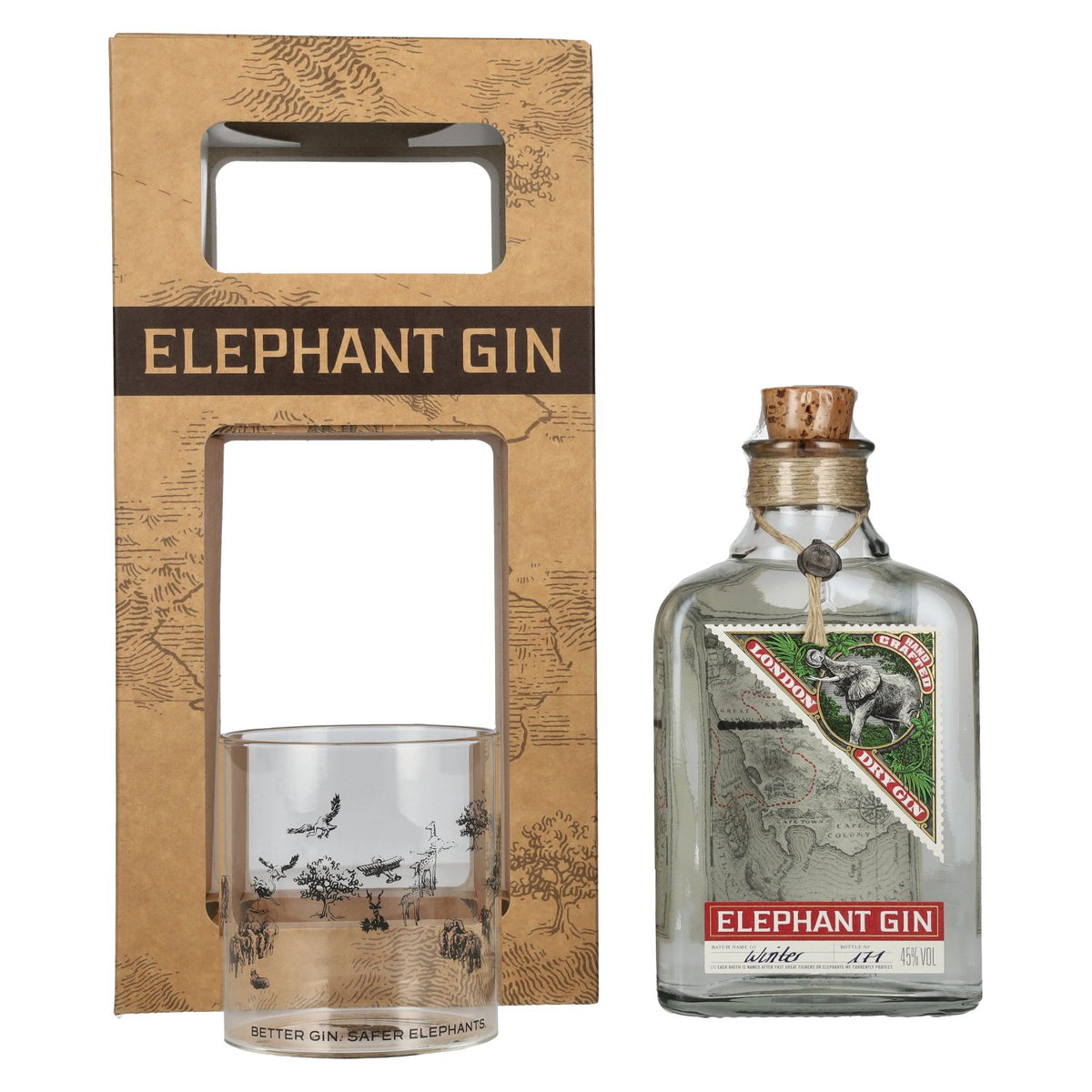 Elephant London Dry Gin 45 % vol., 0,5 l, dans un coffret cadeau avec un verre