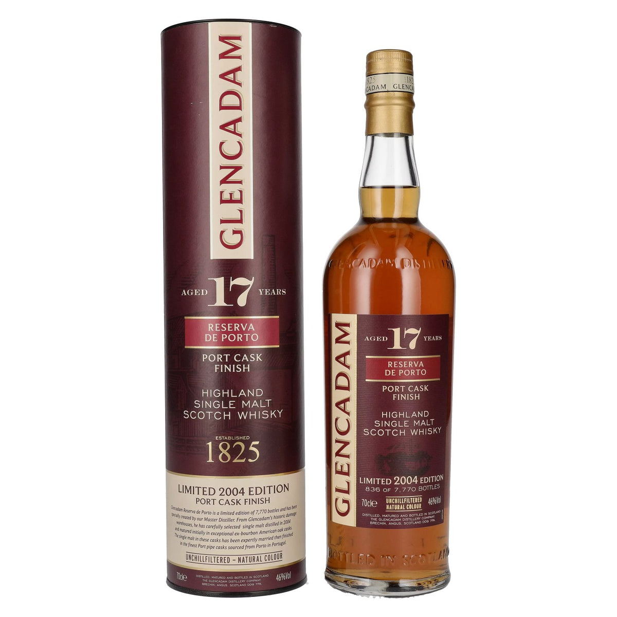 Glencadam 17 ans d'âge Reserva de Porto, finition en fût de porto, 46 % vol., 0,7 l, dans un coffret cadeau
