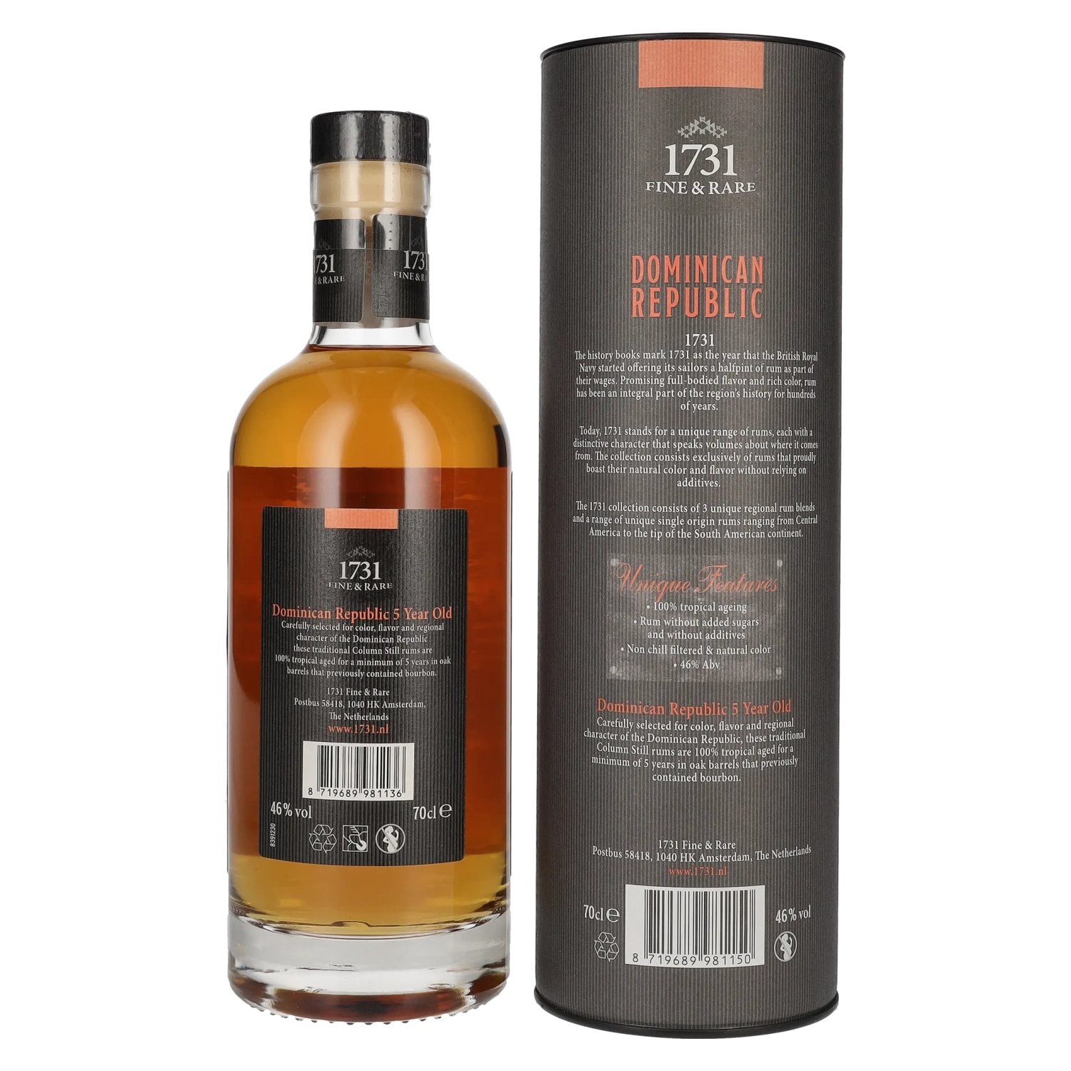 1731 Fine &amp; Rare DOMINICAANSE REPUBLIEK 5 Jaar Oude Single Origin Rum 46% Vol. 0,7l in geschenkverpakking
