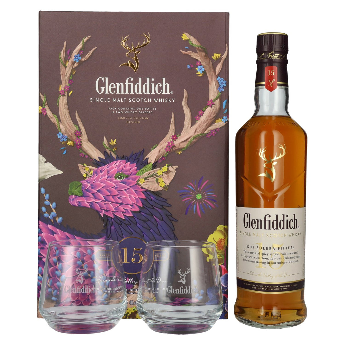 Glenfiddich 15 Solera Single Malt Scotch Whisky 40% ABV, 0.7 litres, in a gift box with 2 glasses