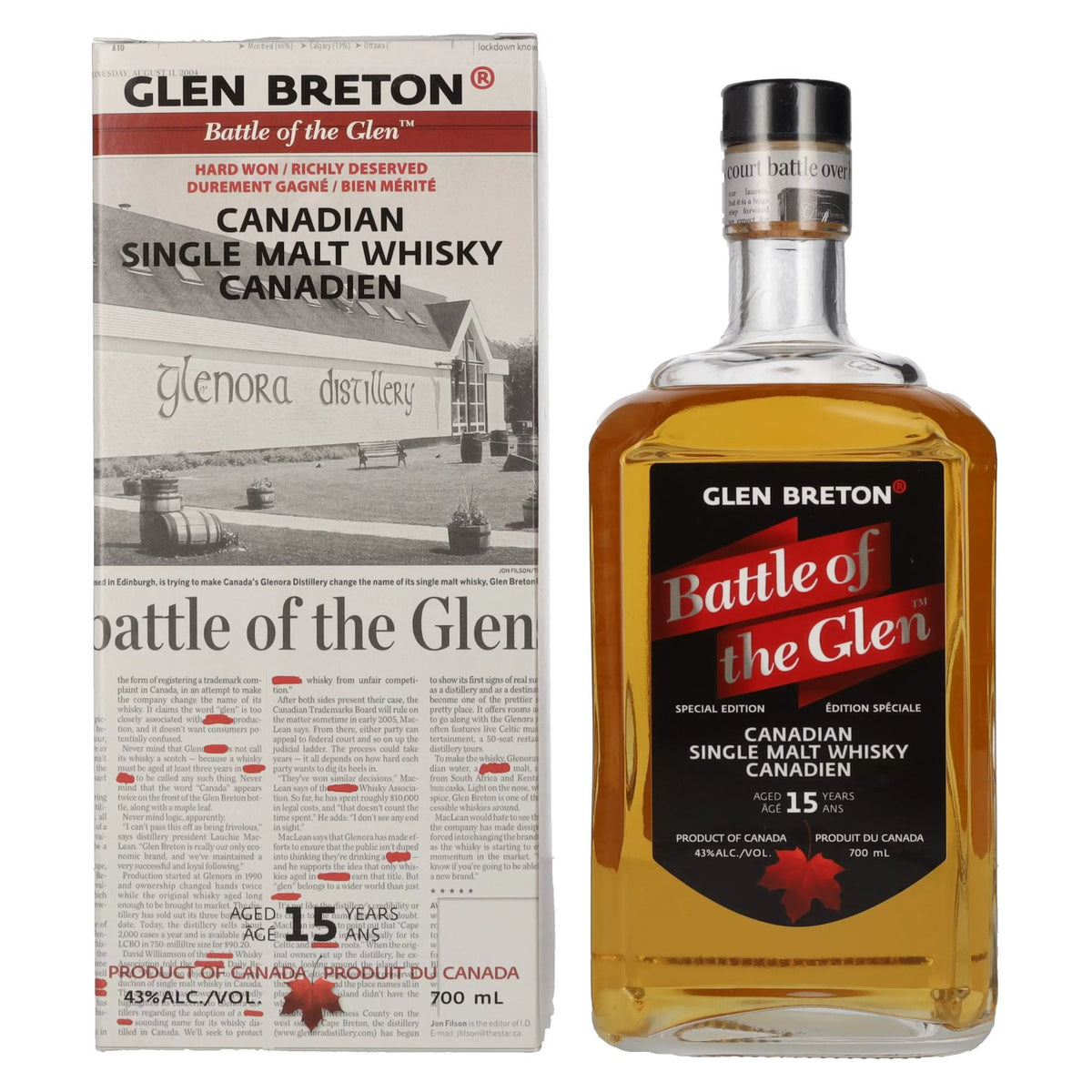 Glen Breton Battle of the Glen, whisky single malt canadien de 15 ans d'âge, 43 % vol., 0,7 l, dans un coffret cadeau