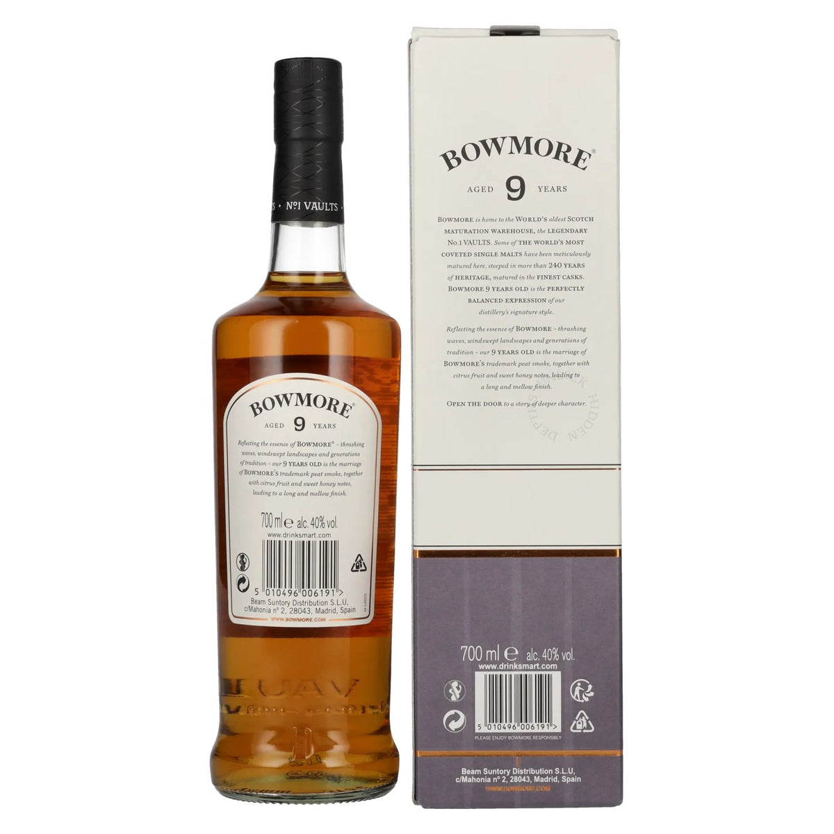 Whisky écossais single malt Bowmore 9 ans d'âge, Islay, 40 % vol., 0,7 l, dans un coffret cadeau