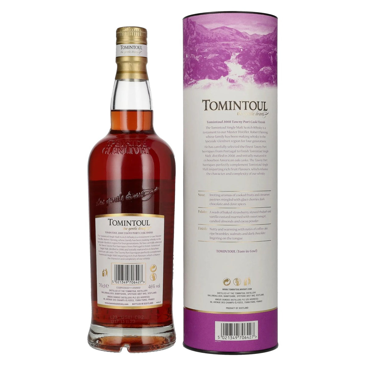 Tomintoul 15 ans d'âge, finition en fûts de porto tawny 2008, 46 % vol., 0,7 l, dans un coffret cadeau