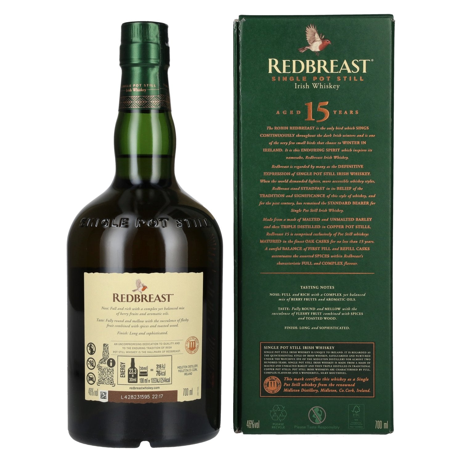 Redbreast 15 Years Old Single Pot Still Irish Whiskey 46% Vol. 0,7l en boîte cadeau