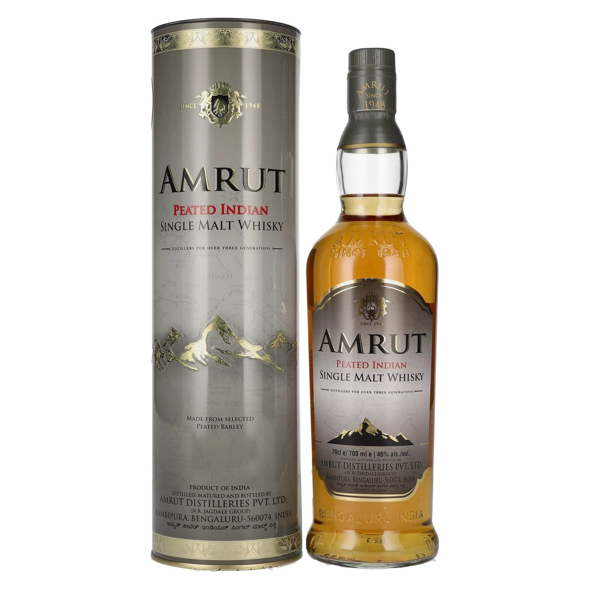 Amrut PEATED Indiase single malt whisky 46% vol. 0,7 l in blikken doos