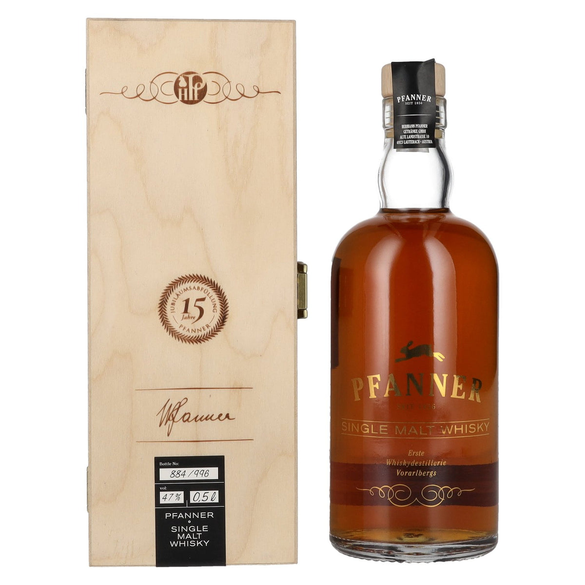 Pfanner 10 Years Old Single Malt Whisky jubileumeditie 47% vol. 0,5 l in houten kist