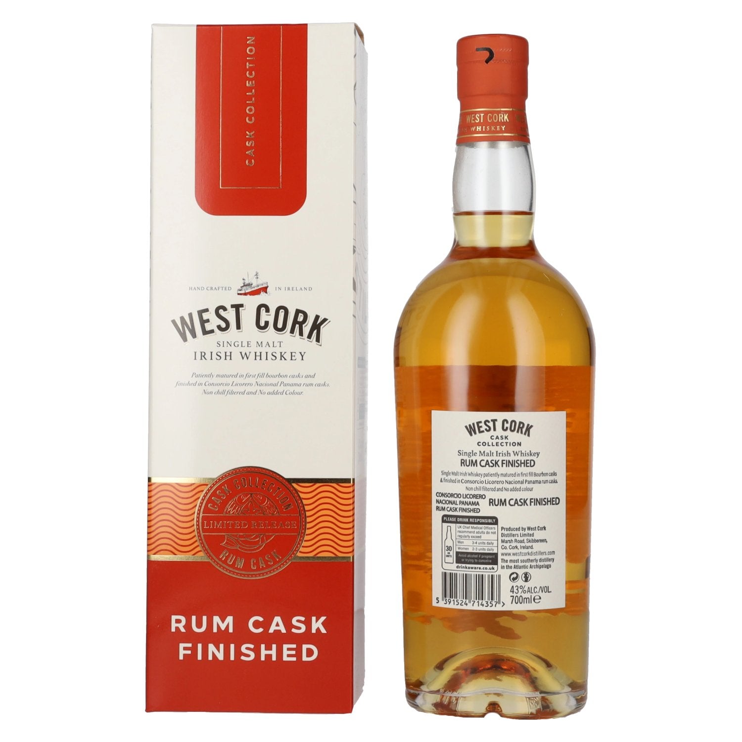 West Cork Irish Whiskey Rum Cask Finished 43% Vol. 0,7l in geschenkverpakking