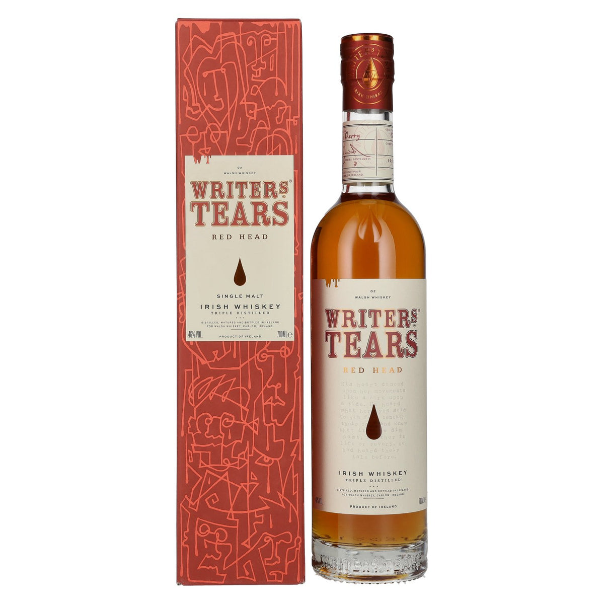 Writer's Tears RED HEAD, whisky irlandais single malt, 46 % vol., 0,7 l, dans un coffret cadeau