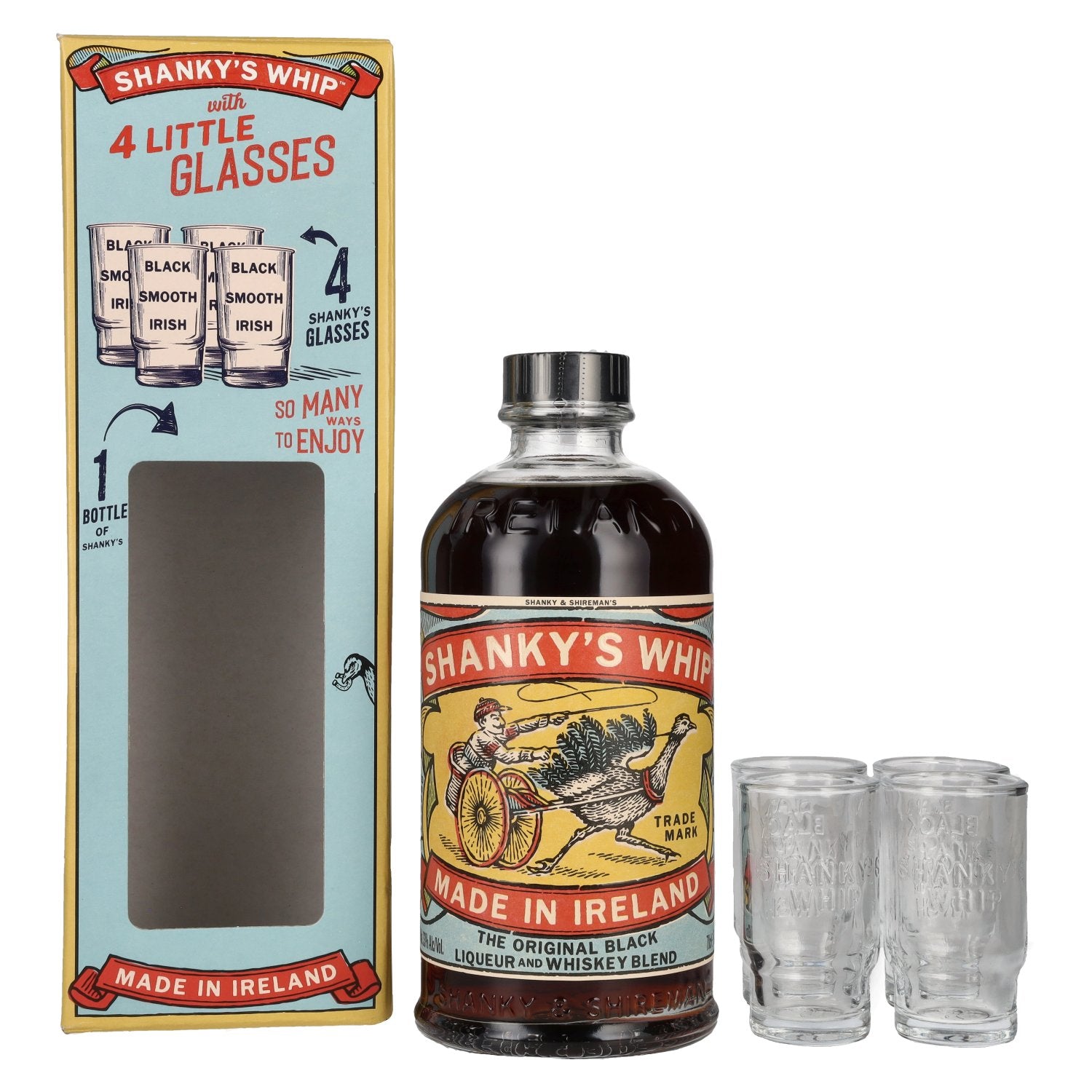 Shanky's Whip The Original Black Liqueur and Whiskey Blend 33% Vol. 0,7l en coffret cadeau avec 4 verres à shot