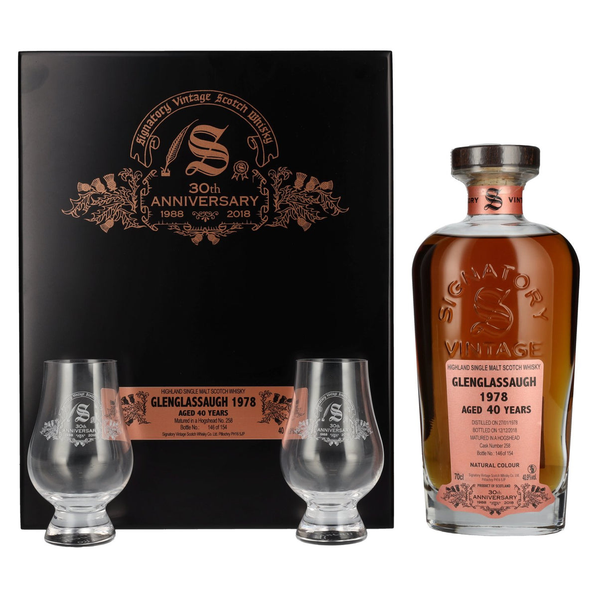 Signatory Vintage Glenglassaugh 40 Years Old 30th ANNIVERSARY 1978 40.9% vol. 0.7 l in a wooden box with 2 glasses