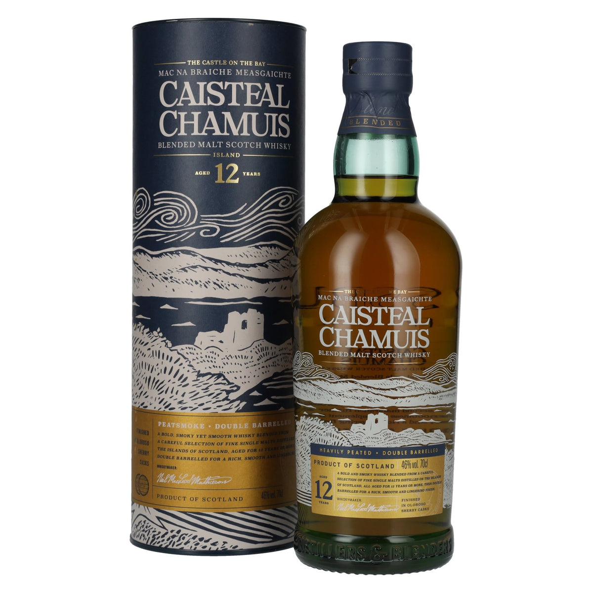 Caisteal Chamuis 12 ans d'âge, vieilli en fûts de sherry, très tourbé, blended malt, 46 % vol., 0,7 l, dans un coffret cadeau