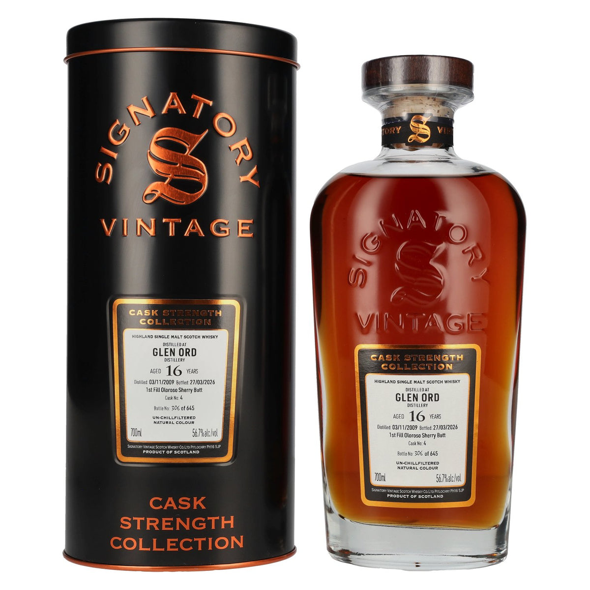 Signatory Vintage Glen Ord 16 ans d'âge, collection « Cask Strength » n° 4, 2009, 56,7 % vol., 0,7 l, dans un coffret en métal