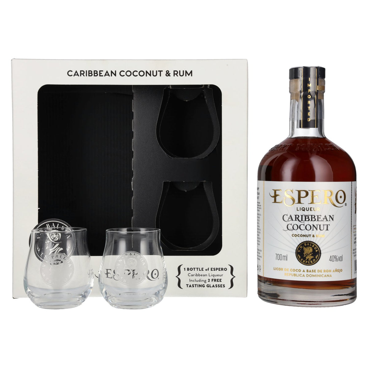 Ron Espero Caribbean Coconut &amp; Rum Liqueur 40% ABV, 0.7 litres, in a gift box with 2 glasses
