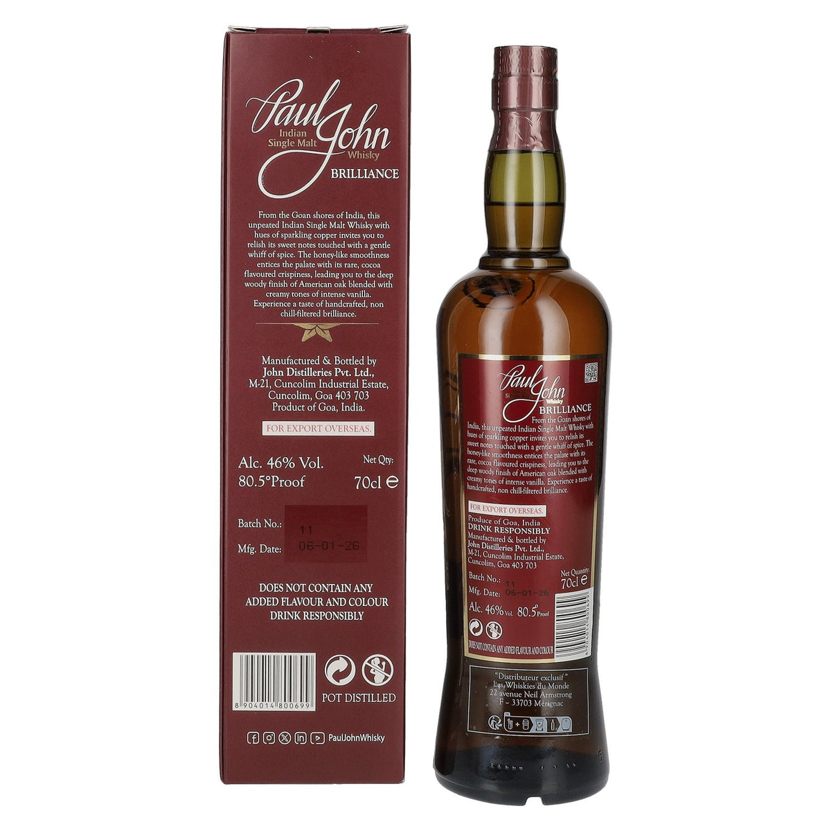Paul John BRILLIANCE Indiase single malt whisky 46% vol. 0,7 l in geschenkverpakking