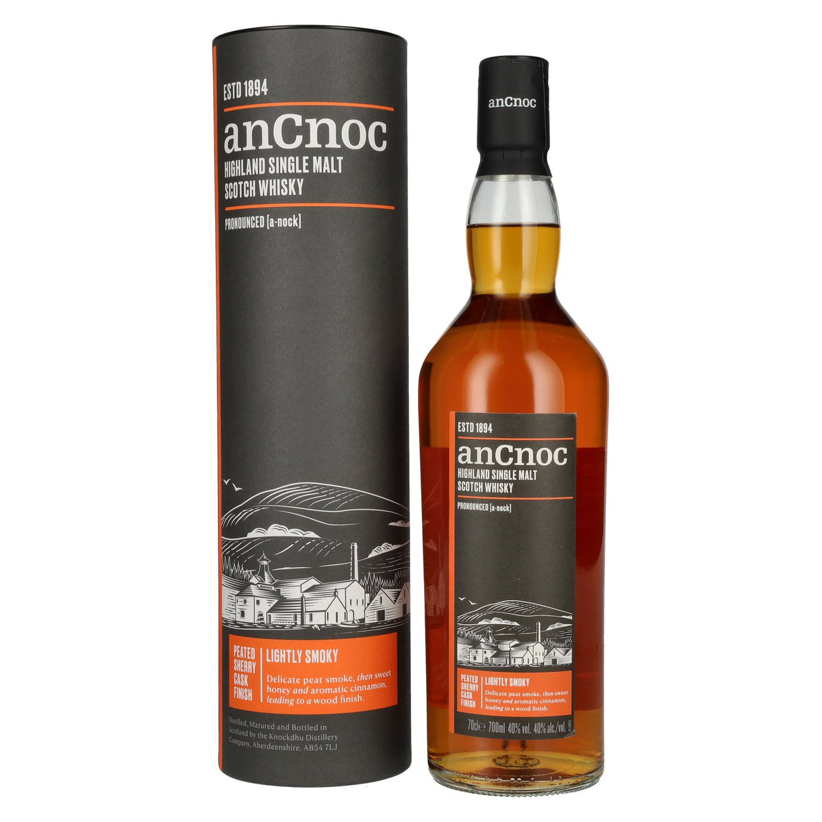 AnCnoc Highland Single Malt Scotch Whisky Peated Sherry Cask Finish 40% vol. 0,7 l in geschenkverpakking
