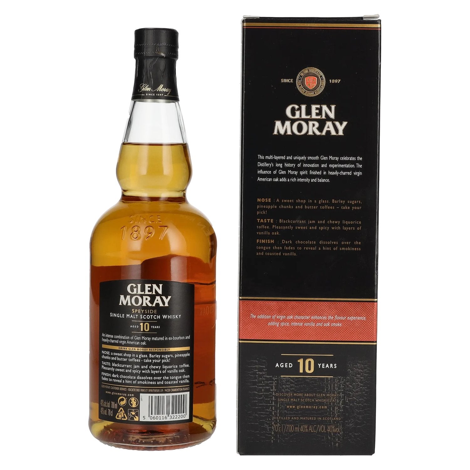 Glen Moray 10 Years Old Fired Oak Single Malt Scotch Whisky 40% Vol. 0,7l en boîte cadeau