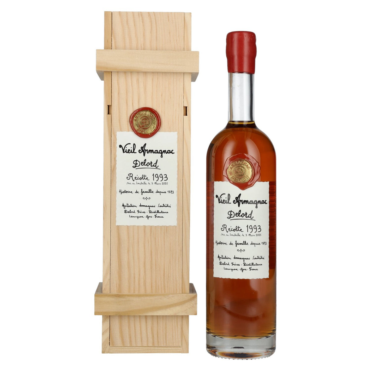Oude Armagnac Delord Vintage Récolte 1993 40% vol. 0,7 l in houten kist