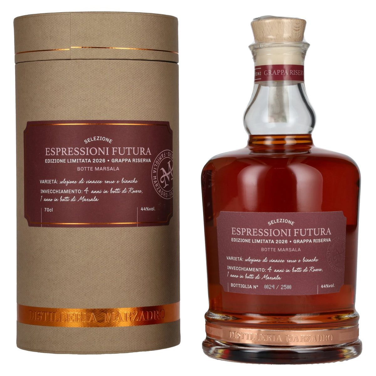 Marzadro ESPRESSIONI FUTURA Grappa 2026 44% vol. 0,7 l in geschenkverpakking