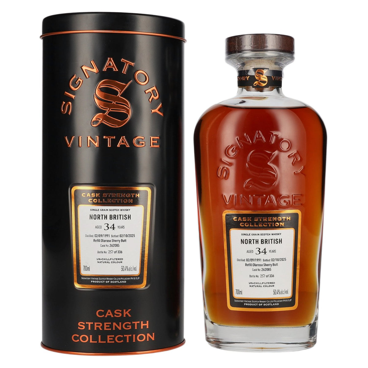 Signatory Vintage North British 34 ans d'âge, rechargé en fût d'Oloroso, à la force du fût #262085 1991 50,4 % vol. 0,7 l dans une boîte en fer-blanc