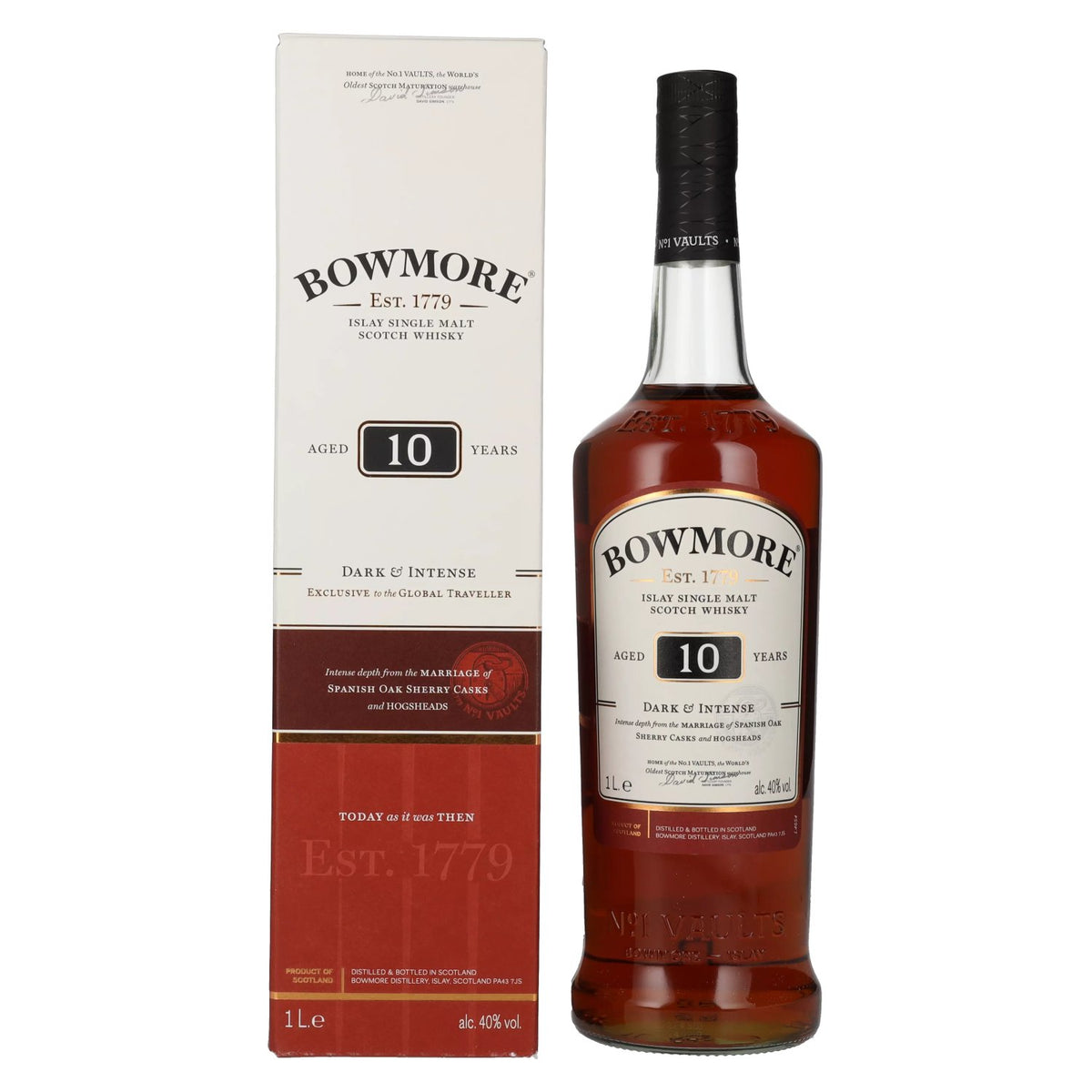 Bowmore 10 ans d'âge DARK &amp; INTENSE, édition exclusive pour les voyages, 40 % vol., 1 l, dans un coffret cadeau