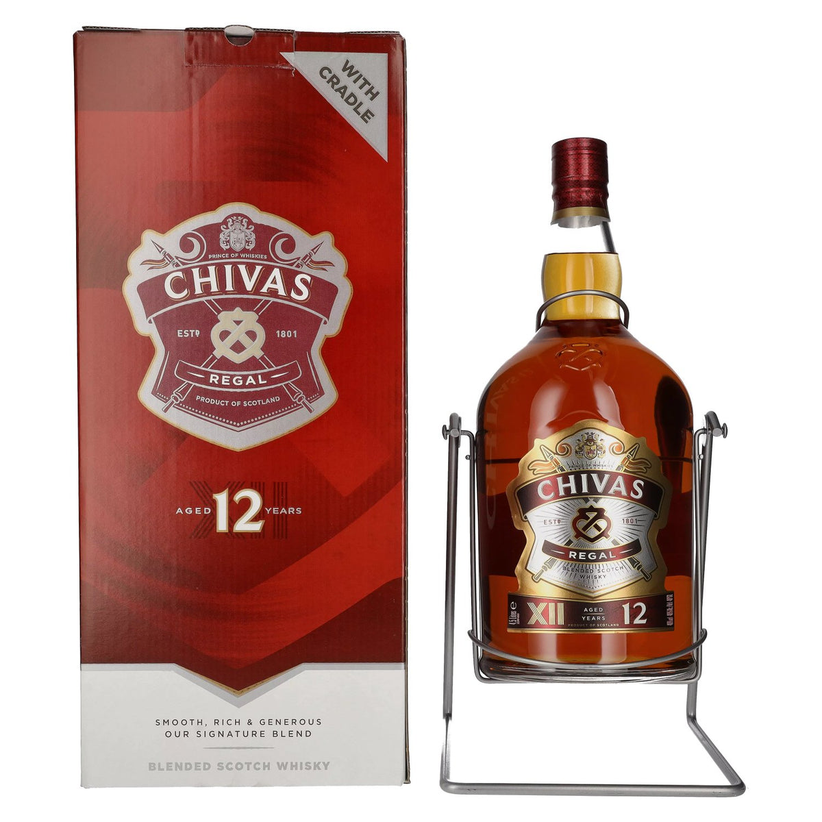 Chivas Regal 12 Years Old Blended Scotch Whisky 40% vol. 4,5 l in geschenkverpakking in een draaibare houder met schenktuit