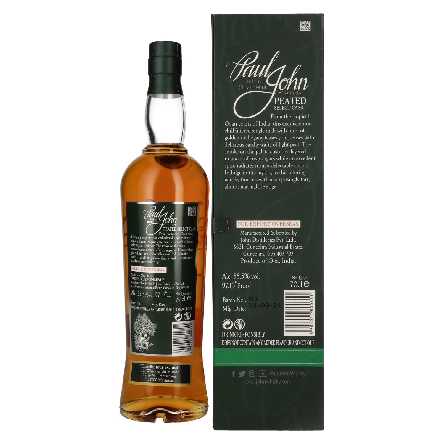 Paul John PEATED SELECT CASK Indische Single Malt Whisky 55,5% Vol. 0,7l in geschenkverpakking