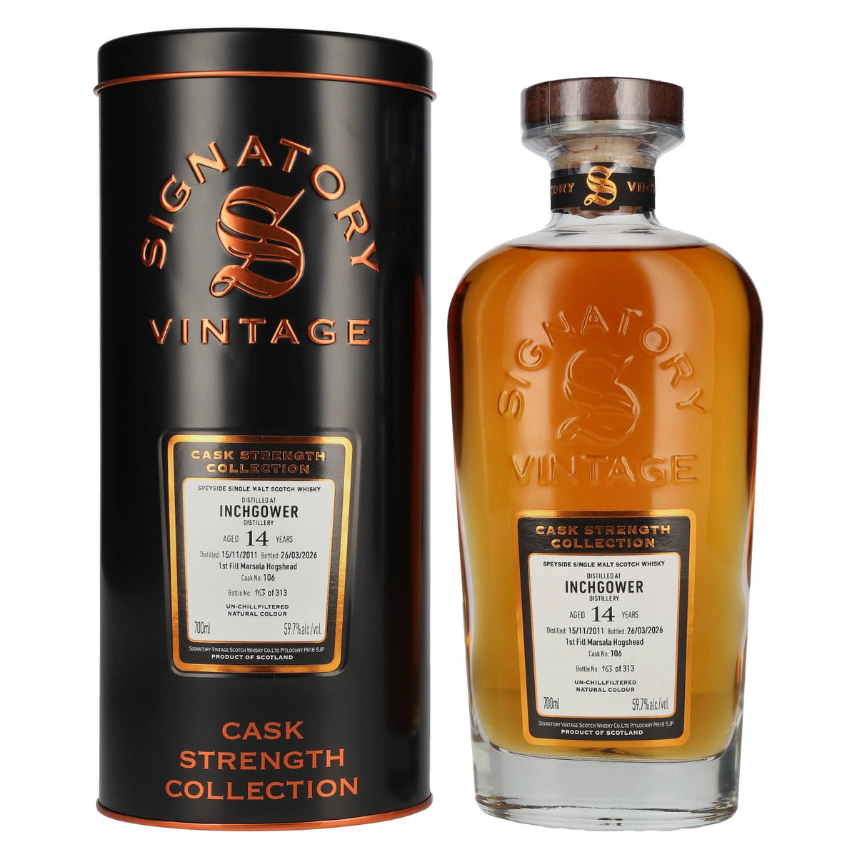 Signatory Vintage Inchgower 14 Years Old 1st Fill Marsala Cask Strength #106 2011 59,7% vol. 0,7 l in blikken doos