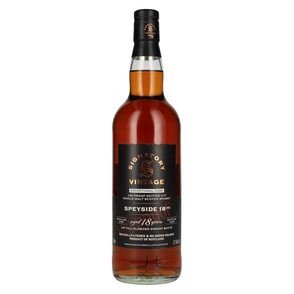 Signatory Vintage 100 Proof Edition SPEYSIDE (M) Single Malt de 18 ans d'âge n° 17 2008 57,1 % vol. 0,7 l