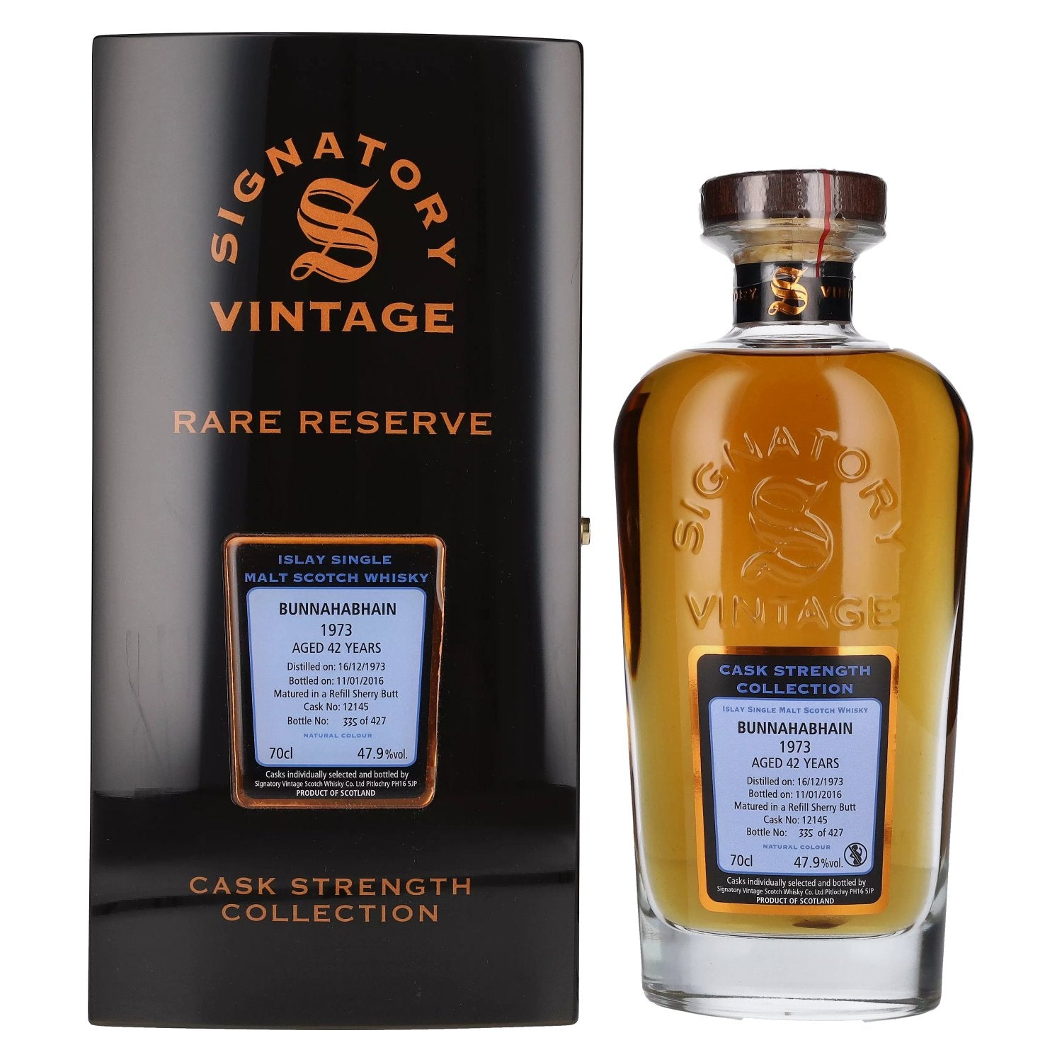 Signatory Vintage BUNNAHABHAIN 42 Years Old RARE RESERVE Cask Strength 1973 47,9% vol. 0,7l en caisse bois