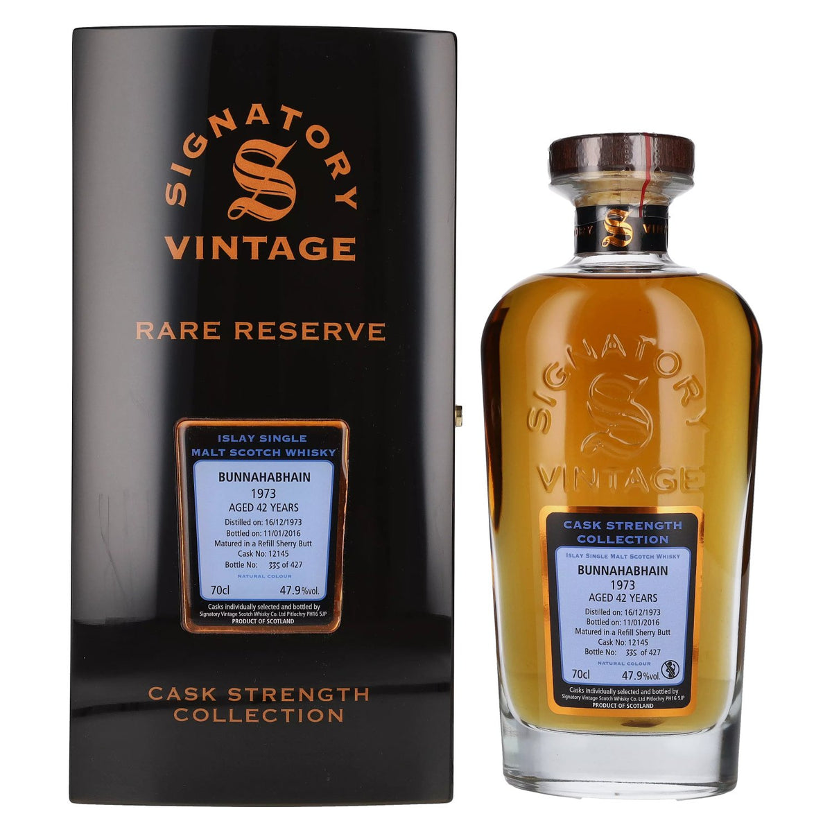 Signatory Vintage Bunnahabhain 42 Years Old RARE RESERVE Cask Strength 1973 47.9% vol. 0.7 l in a wooden box