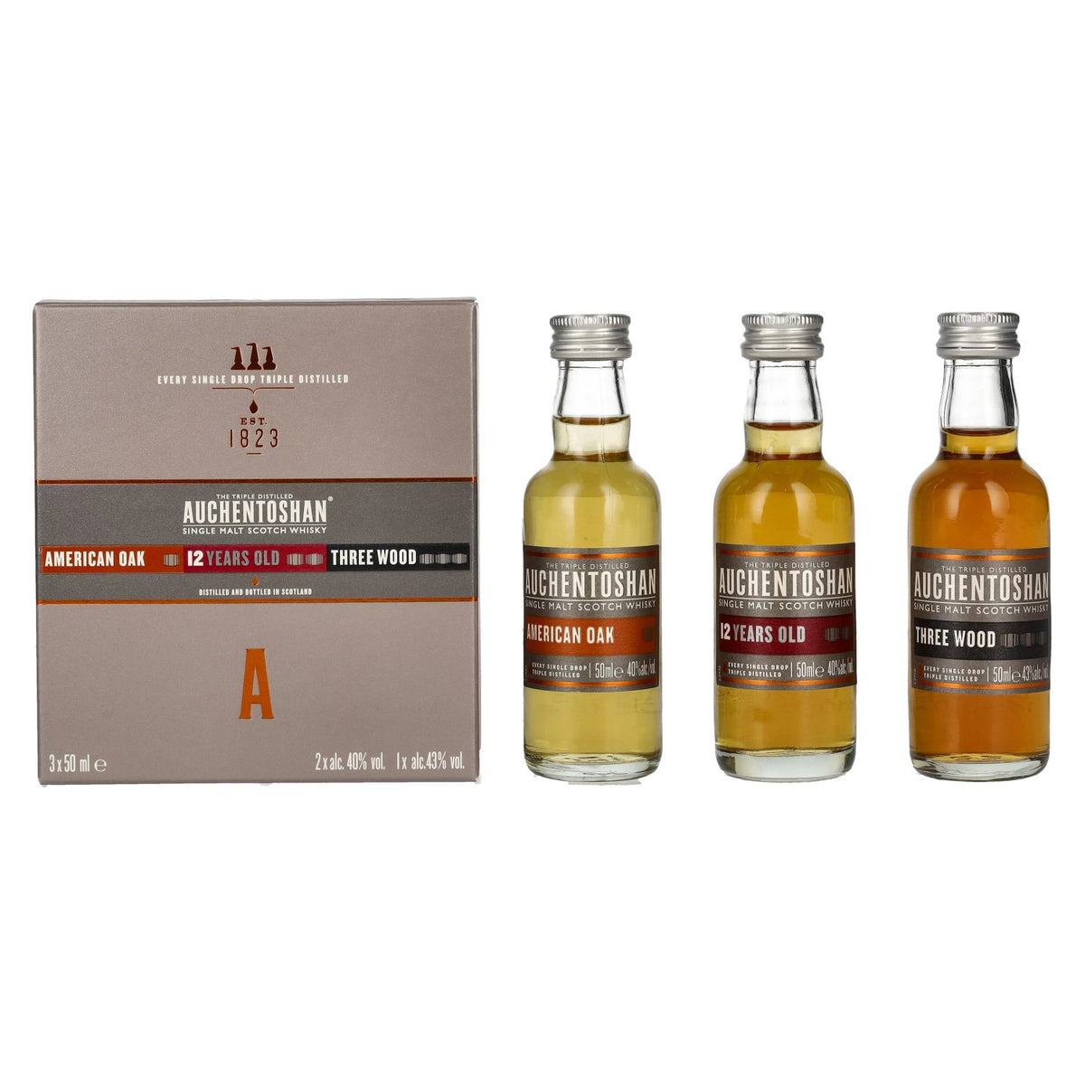 Auchentoshan Gift Collection (American Oak, 12-year-old, Three Wood) 41% vol. 3 x 0.05 l in a gift box