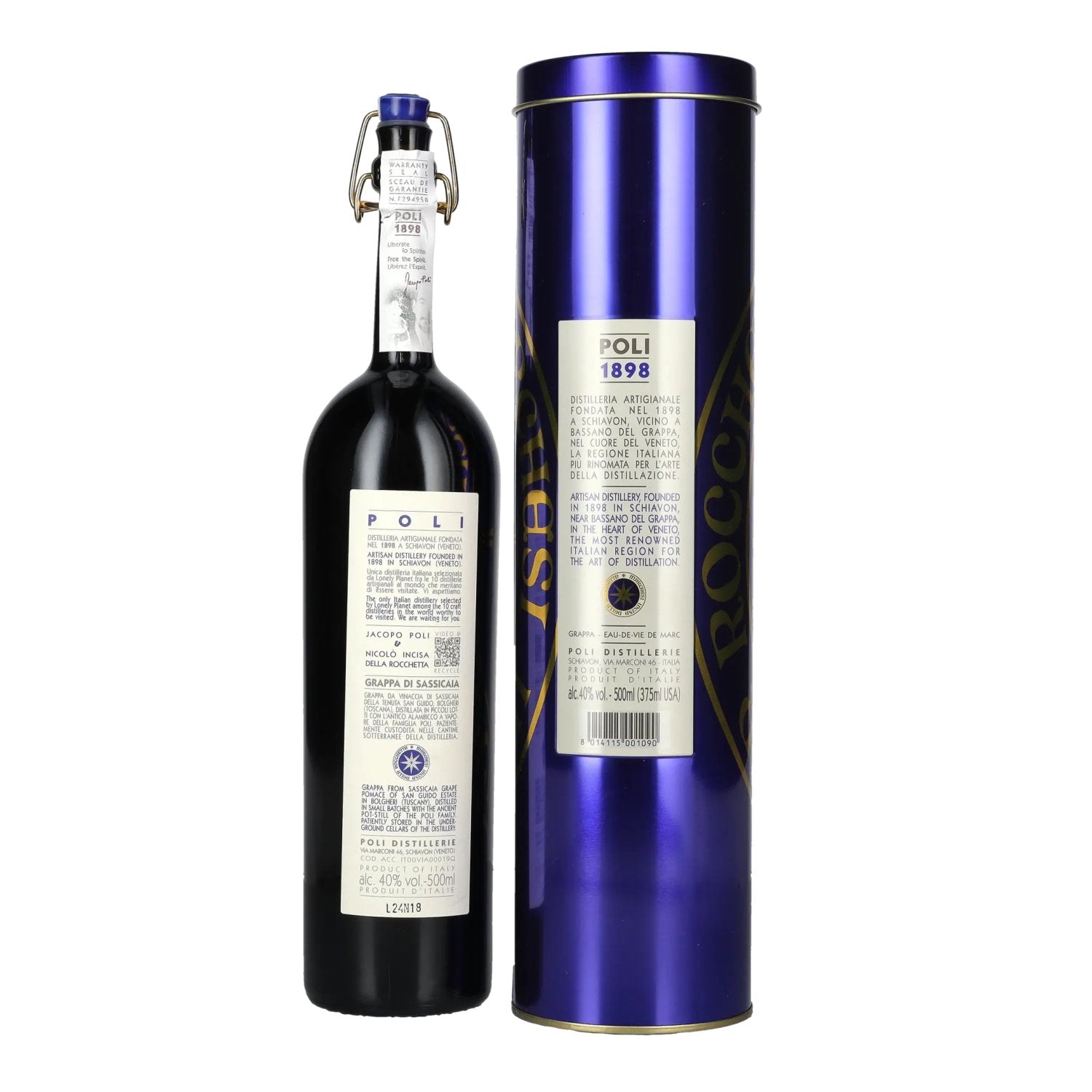 Grappa di Bolgheri Sassicaia Poli 2019 40% Vol. 0.5l in blikken doosje
