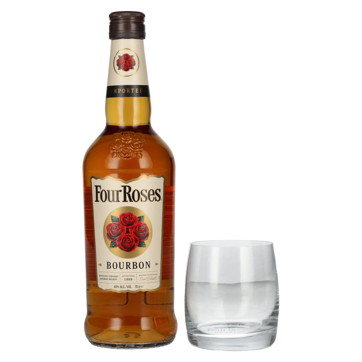 Four Roses Bourbon 40% ABV, 0.7 litres, with whisky glass