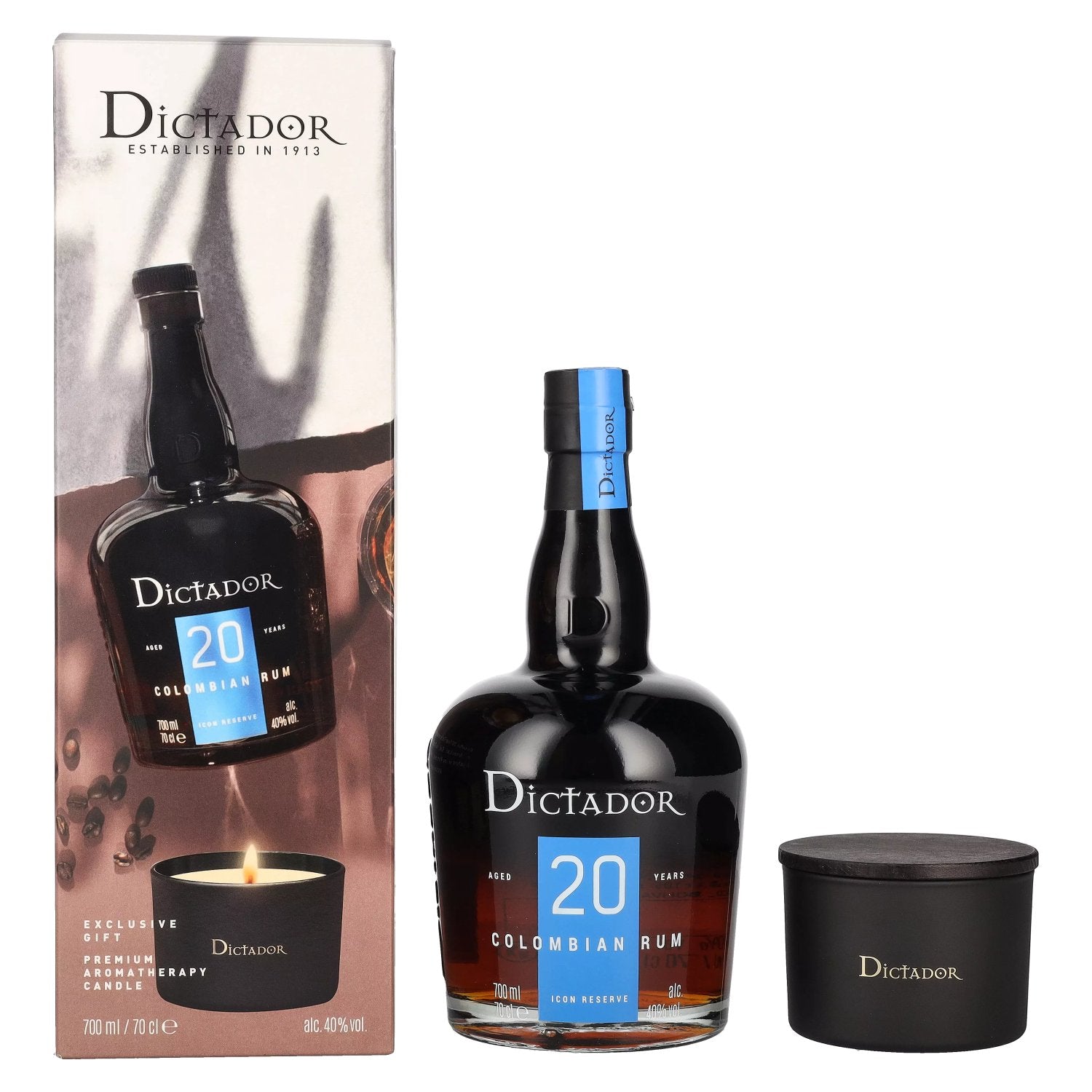 Dictador 20 Jaar Oude ICON RESERVE Colombiaanse Rum 40% Vol. 0,7l in geschenkverpakking met kaars