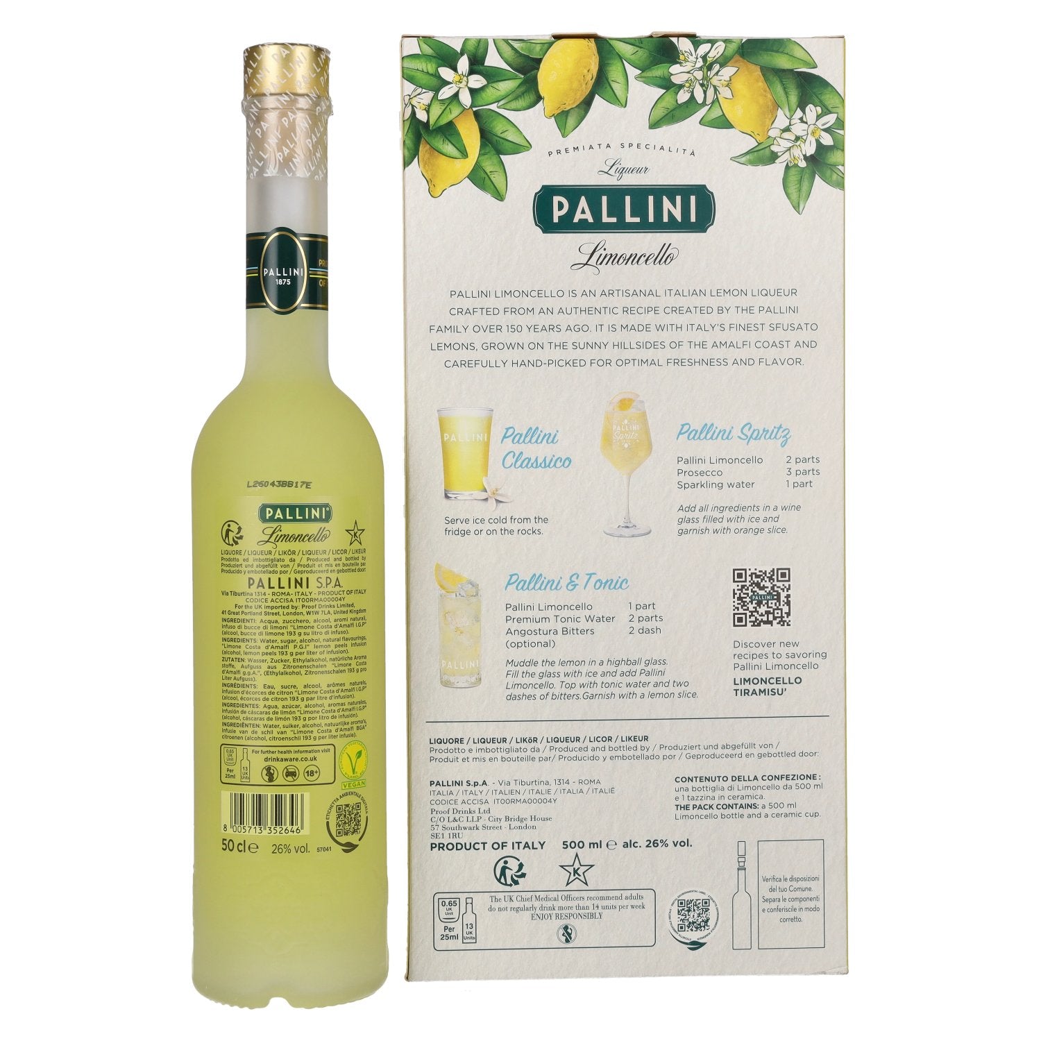 Pallini Limoncello Likeur 26% Vol. 0.5l in geschenkverpakking met keramische mok