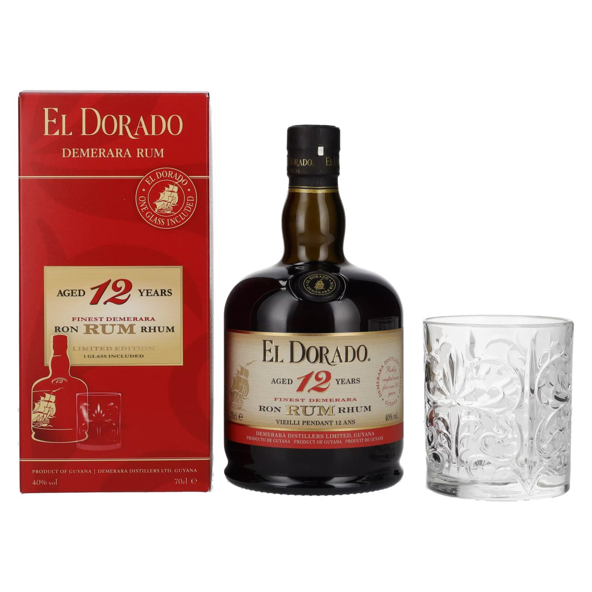 Rhum El Dorado 12 ans d'âge Finest Demerara, 40 % vol., 0,7 l, dans un coffret cadeau avec un verre à whisky