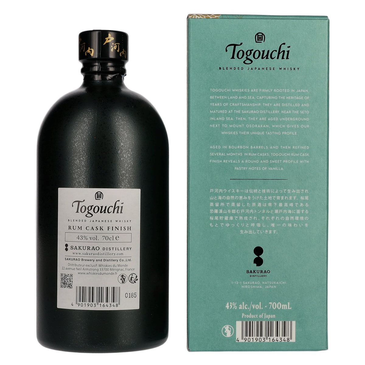 Togouchi Japanese Blended Whisky, finition en fût de rhum, 43 % vol., 0,7 l, dans un coffret cadeau