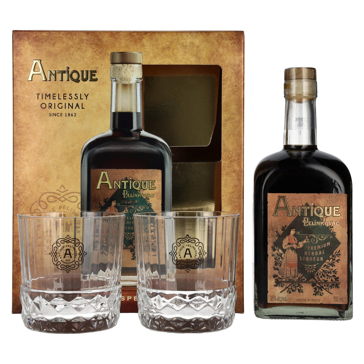Badel Antique Pelinkovac Premium kruidenlikeur 35% vol. 0,7 l in geschenkverpakking met 2 glazen