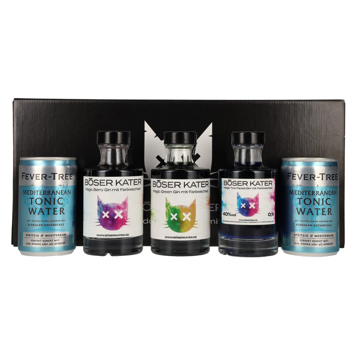 Böser Kater Colour-Changing Gin Tasting Set 40% ABV, 3 x 0.1 l in a gift box with 2 tins of Fever-Tree Mediterranean Tonic Water