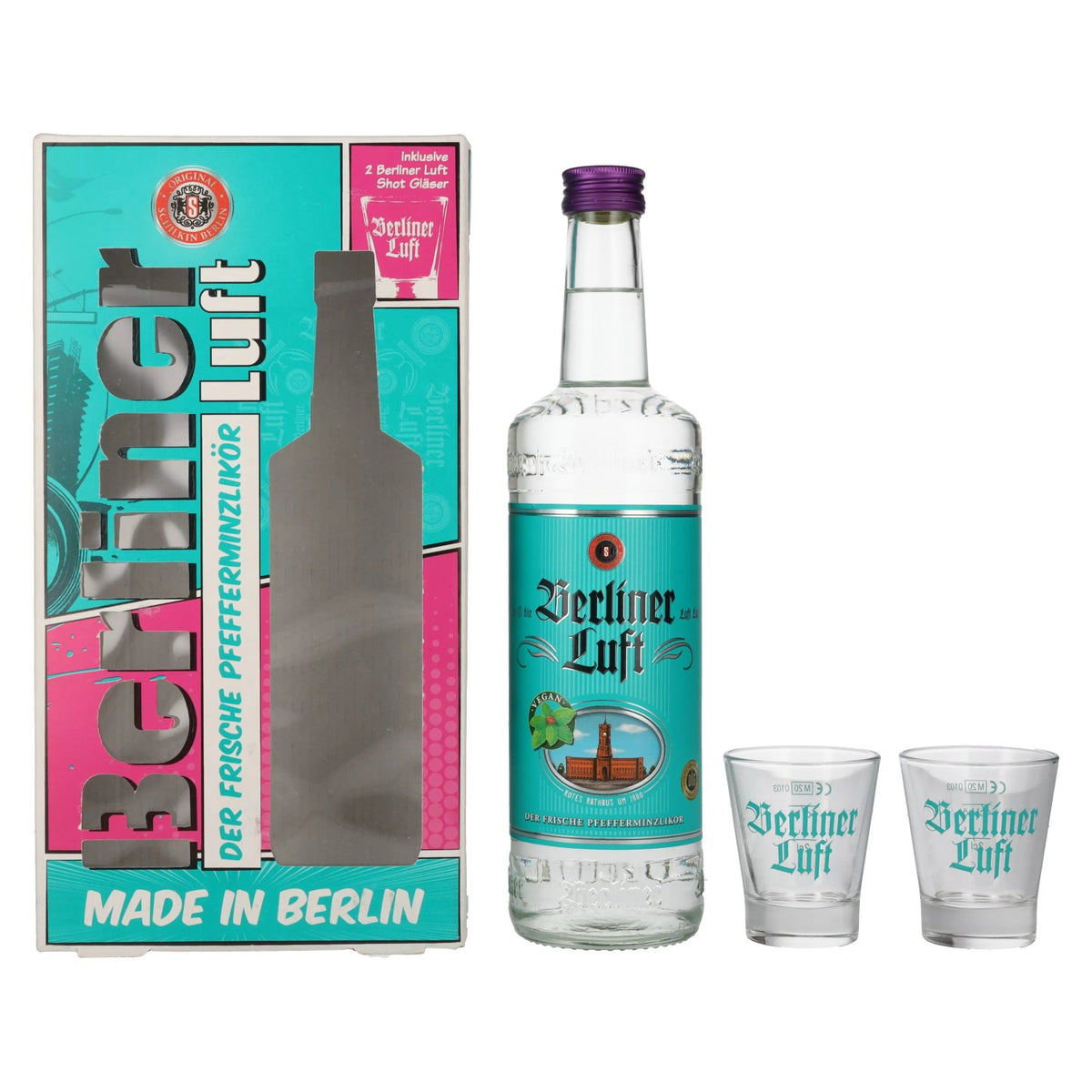 Berliner Luft DER FRISCHE peppermint liqueur 18% vol. 0.7 l in a gift box with 2 glasses