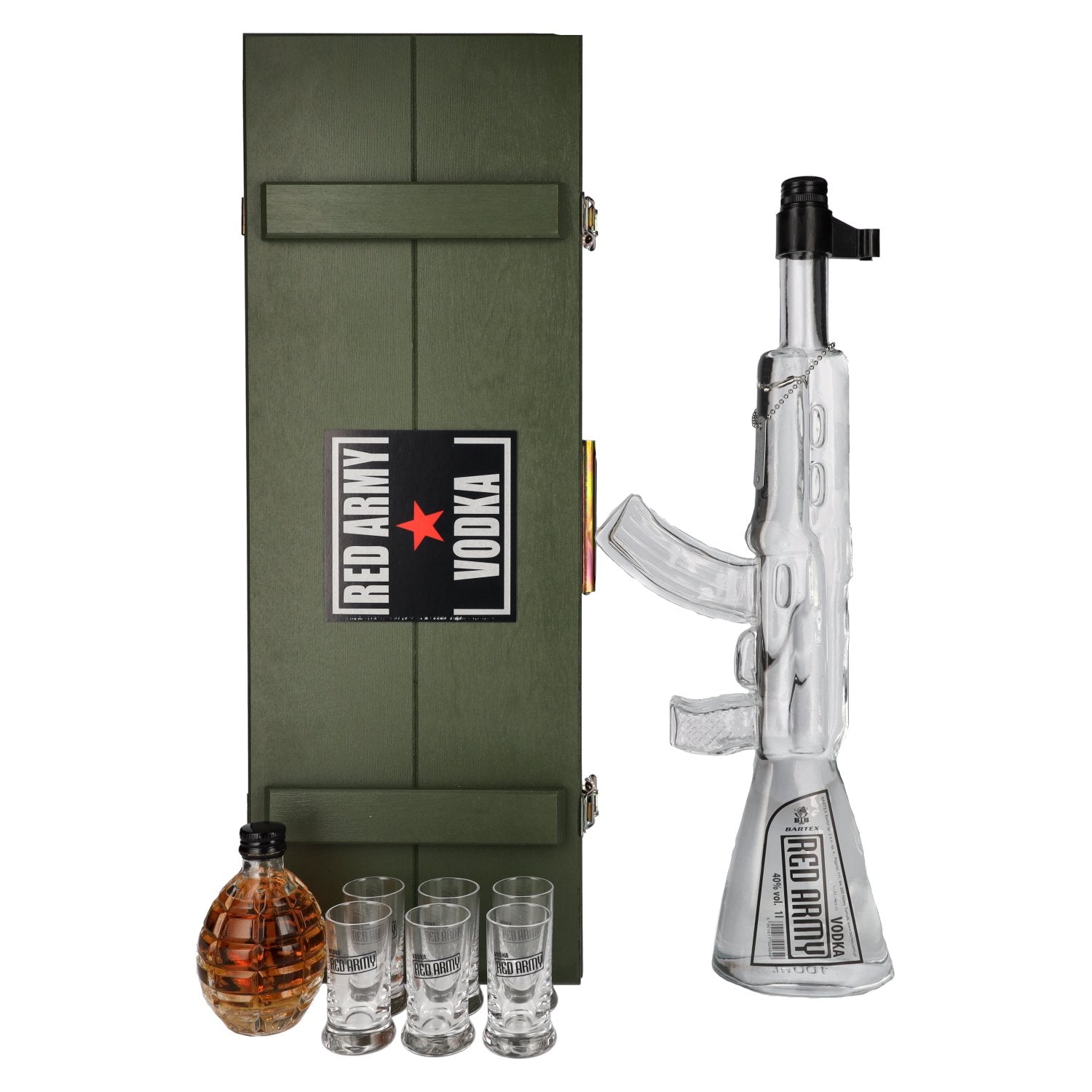 Army AK-47 Vodka 40% Vol. 1l in wooden box with herbal liqueur Granate 0,2l and 6 shot glasses