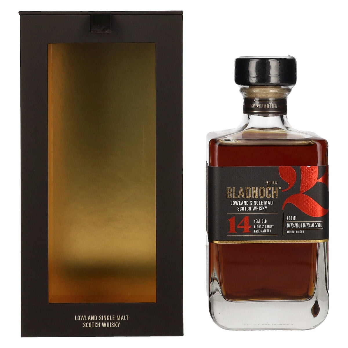 Bladnoch 14 ans d'âge, single malt des Lowlands, vieilli en fûts de sherry Oloroso, 46,7 % vol., 0,7 l, dans un coffret cadeau