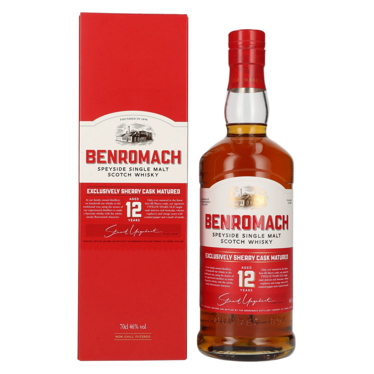 Benromach 12 ans d'âge, vieilli exclusivement en fûts de sherry, single malt du Speyside, 46 % vol., 0,7 l, dans un coffret cadeau