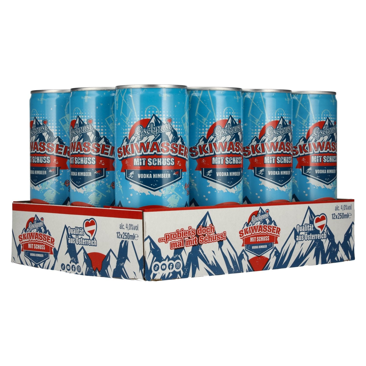 Gschpusi Eau de ski avec shot 4% vol. 12x0,25l canettes consignées