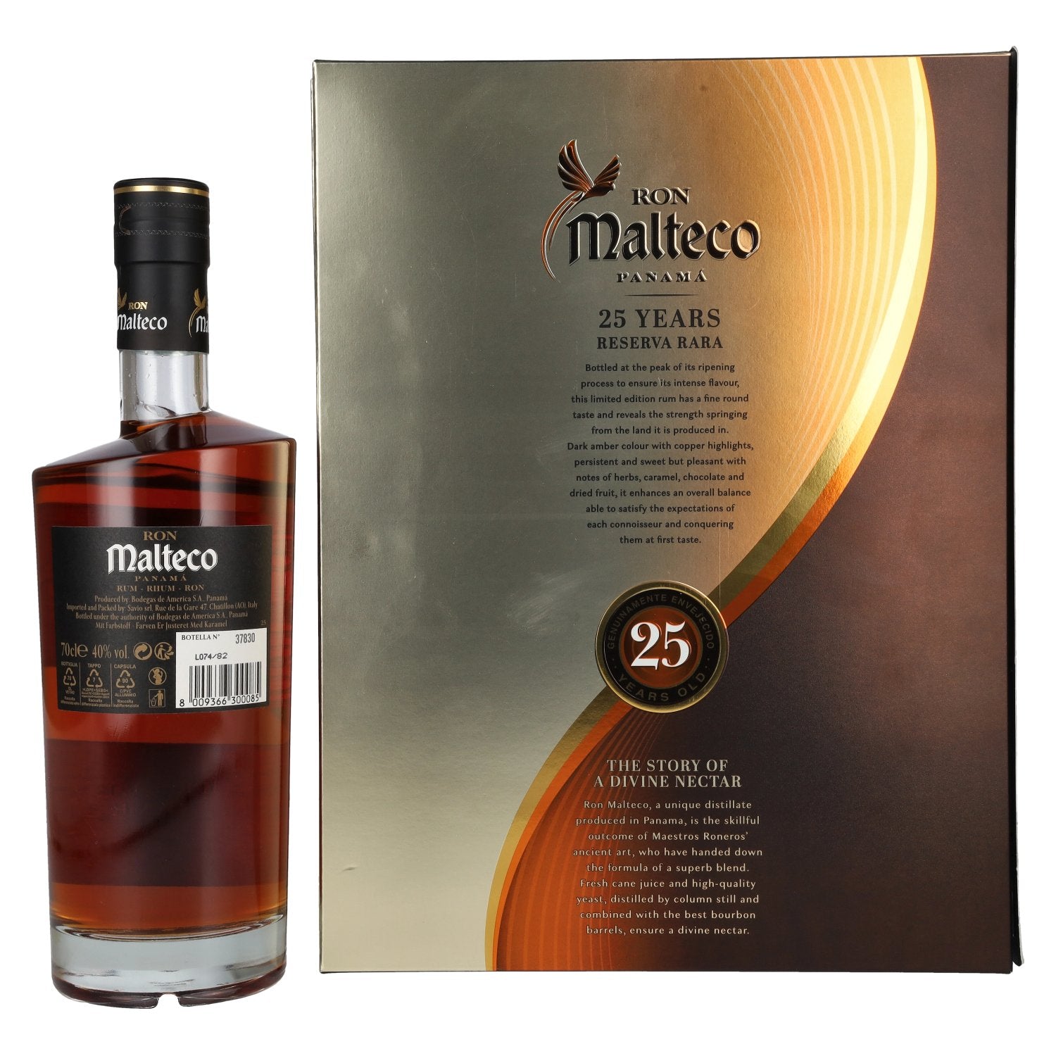 Ron Malteco 25 Jaar Oude Reserva Rara 40% Vol. 0,7l in geschenkverpakking met 2 glazen